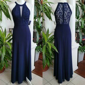 Nightway Blue Sequined Gown Dress Halter Plunge Front Special Occasion Size 4P